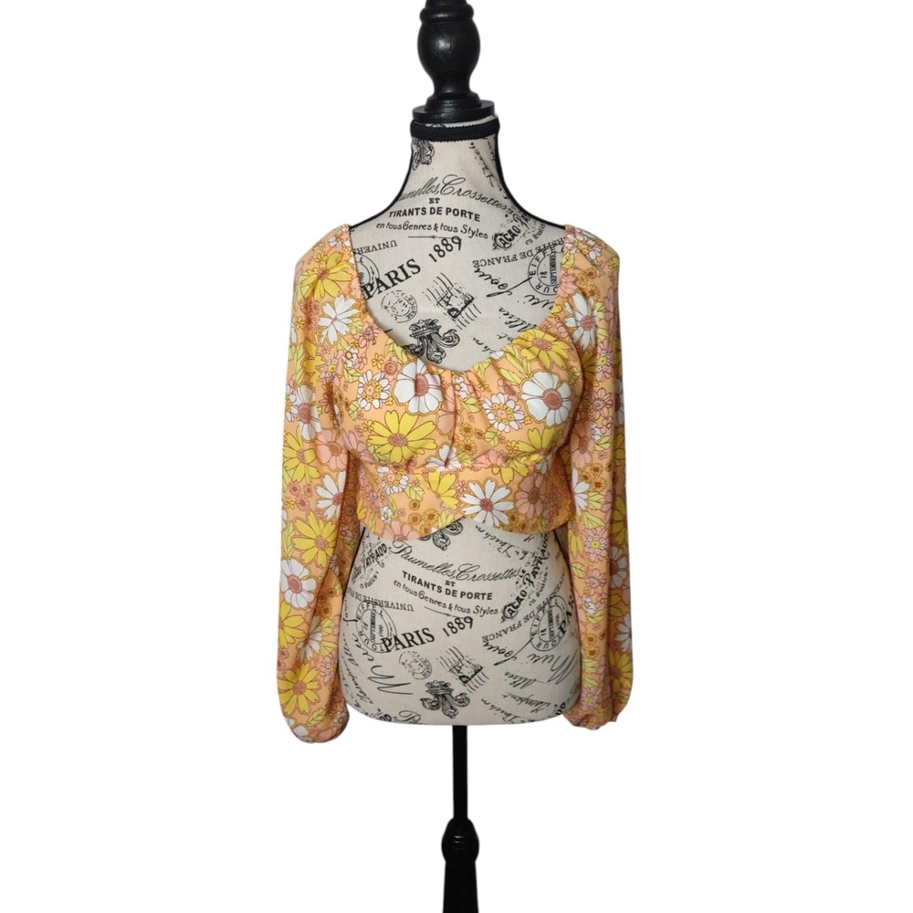 Madden NYC Womens M Orange Floral Puff Sleeve Crop Top Ruched Y2K Retro